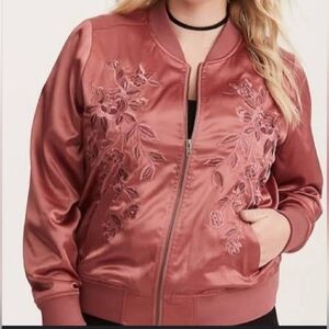 TORRID PLUS SIZE 1 1X SATIN BOMBER JACKET‎ EMBROIDERED PINK MAUVE GUC